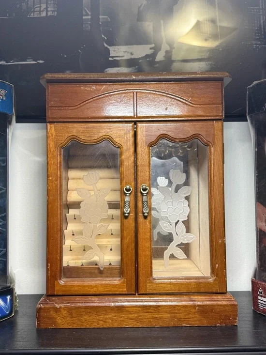 Vintage Wooden Gunther Mele Armoire Jewelry Box With Etched Glass Doors Storage