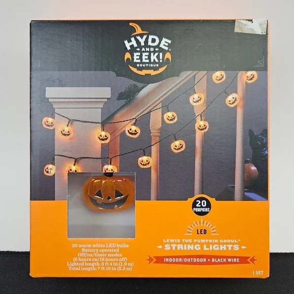 Hyde and Eek! Boutique Lewis‎ the Pumpkin Ghoul LED String Lights 20 ct. New