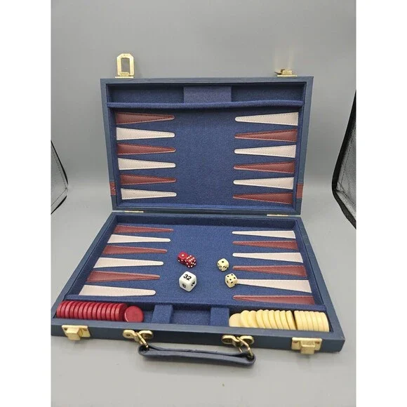 Vintage Style Backgammon Travel Set Blue Navy Case Dice Chips Folding Board
