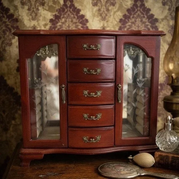 Vintage Wooden Jewelry Armoire Cherry Finish Etched Glass 5 Drawers Mirror Box