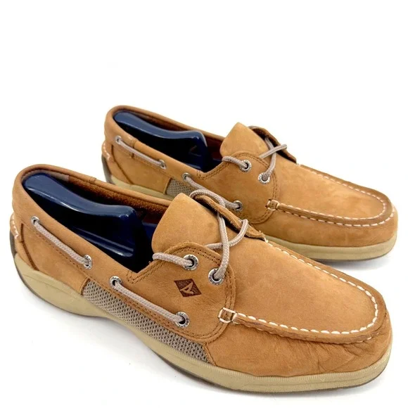 Sperry Billfish Boat Shoes Mens 8.5 Tan Leather Mesh Deck Loafers Resort