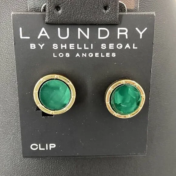 LAUNDRY by Shelli Segal Gold Emerald Green Round Clip Earrings