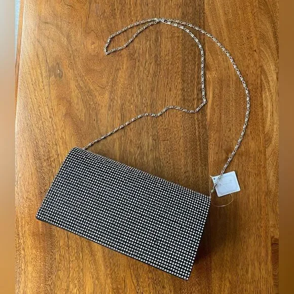 NWT Black and Silver Women's Rhinestone Clutch with Silver Chain Strap