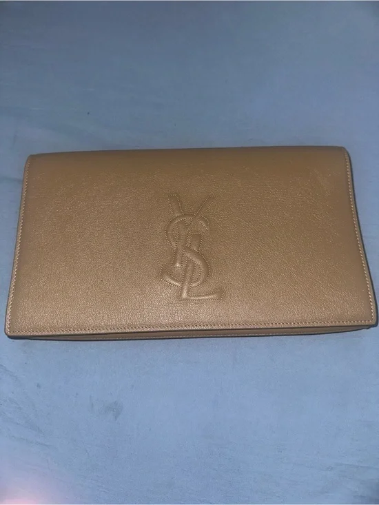 Saint Laurent Beige Leather YSL Embossed Envelope Wallet