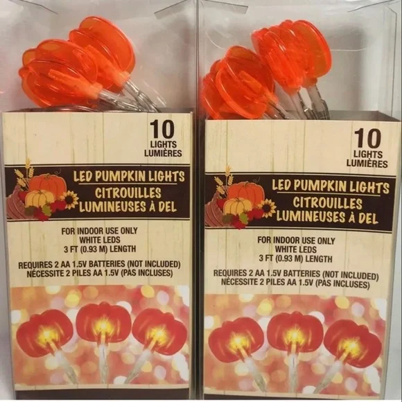 2~Packs Pumpkin Lights 3ft String 10 Led Light Indoor Use Batteries Not Included
