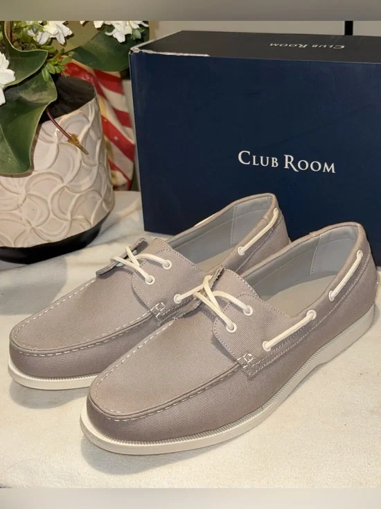 Club Room Taupe Canvas Men’s Boat Shoes with White Laces