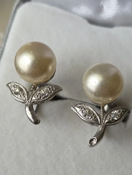 Vintage Sterling Silver Screwback Earrings Faux Pearl And Rhinestone Flower