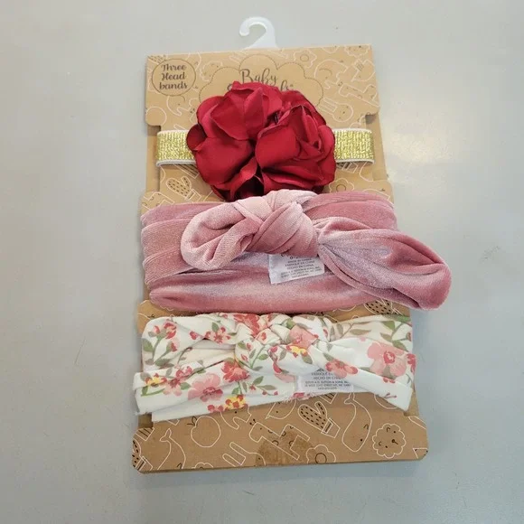 Baby Essentials 3 Pack Headbands 0-24M Red Flower Pink Velvet Floral Knotted Set