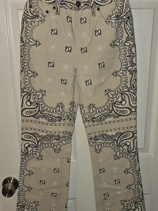 Tory Burch Cream and Black Bandana-Print Boot Cut Jeans