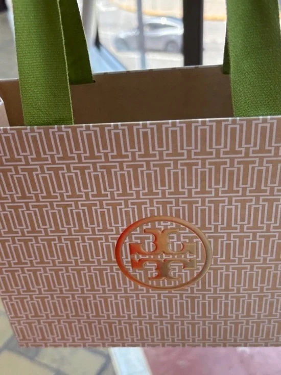 Tory Burch Beige Geometric Logo Tote with Olive Green Handles