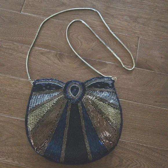 Regale Ltd Vintage Beaded Evening Bag Gold Silver Blue Sunburst Clutch Purse