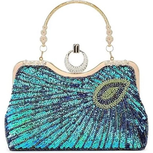 Beaded Bag Sequin Peacock Evening Clutch Purse for Women Formal Evening Blue