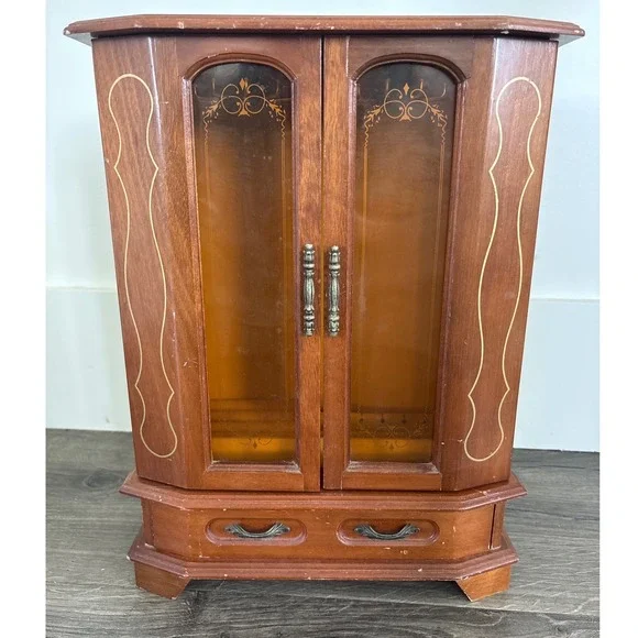 Vintage‎ Wooden Jewelry Armoire Wardrobe Etched Glass Doors Necklace Carousel