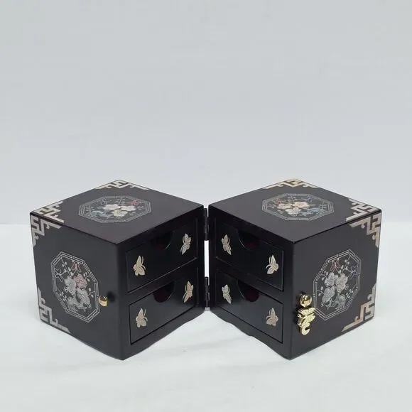 Vintage Korean Traditional Mother Of Pearl Inlay Twin Cube Folding Jewelry Box