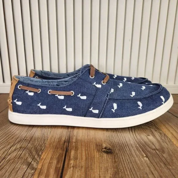 Toms Oceana Whale Print Boat Shoes Men's 12 Blue Canvas Casual Comfort Dockside