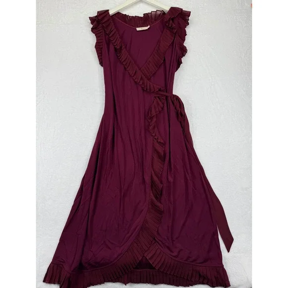 Tory Burch Whitney Wrap ASO Burgundy Pleated Ruffle Wrap‎ Midi Dress S P READ