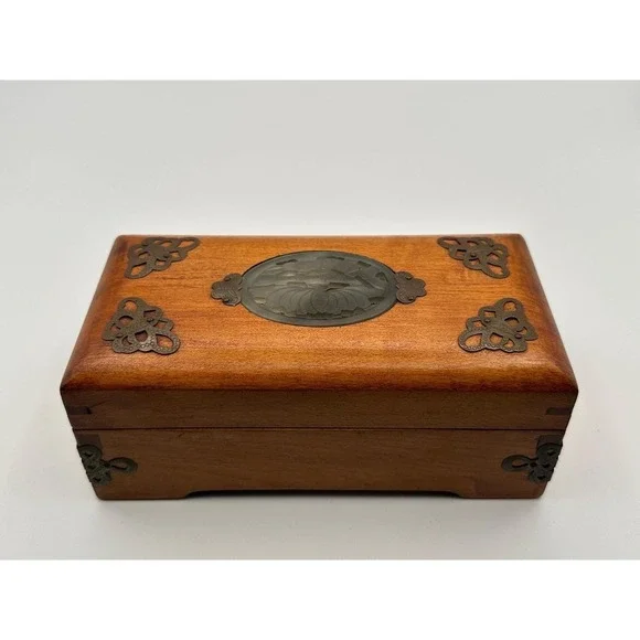 Vintage Wooden Jewelry Box Carved Stone Medallion  Keepsake Storage