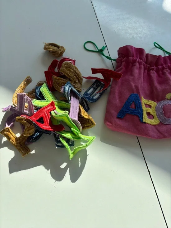 Sensory ABC Letter Play Set - Pink Felt Drawstring Pouch with Multicolor Letters