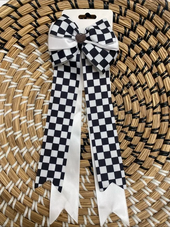 Black & White Checkered Ribbon Bow with Satin Tails - Hand crafted