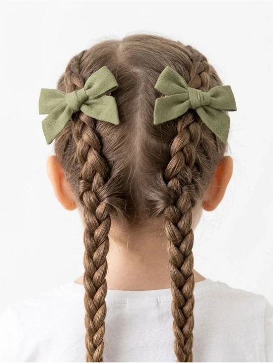 Handmade Olive Green Cotton Hair Bows - Set of 2
