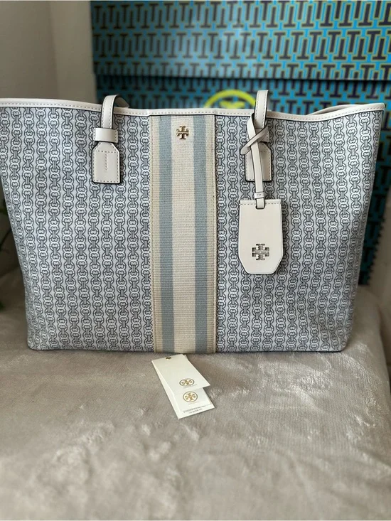 Tory Burch White & Light Blue Logo Stripe Tote