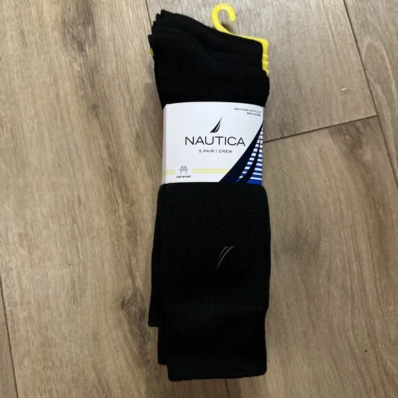 Nautica 5-Pair Men's  Casual/Dress Crew‎ Socks  Black 6-12.5 Stretch NEW