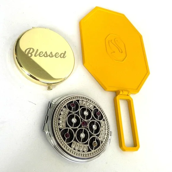 Swarovski Yellow Hand Mirror plus Compact Mirror Set Blessed Gold Rhinestone 3pc