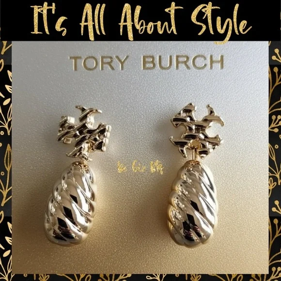 NWT Authentic Tory Burch Textured Rope Front Back Drop Earrings Shiny Gold
