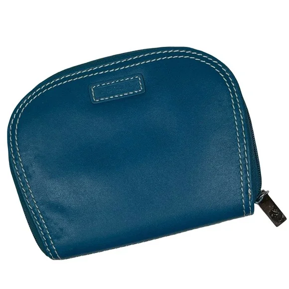 Fossil Jewelry Organizer Travel Case Teal Blue Leather Contrast Stitch Zip Pouch