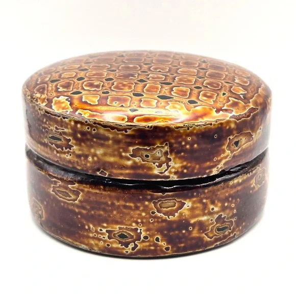 Vintage 1960s Laquered Wood Trinket Box Lidded Round Amber Brown Patterned Gloss
