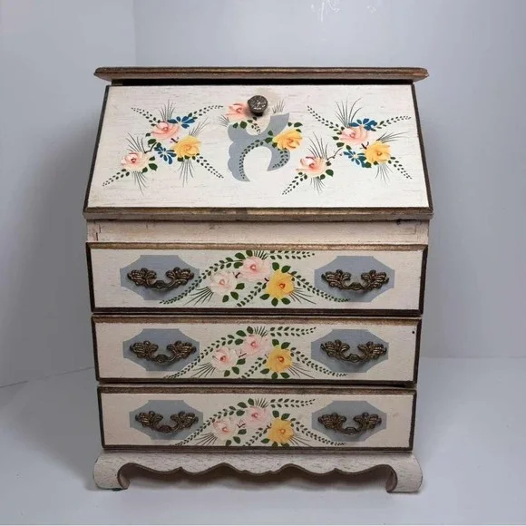 VTG Andrea by Sadek hand-painted wooden‎ jewelry music box cream floral design