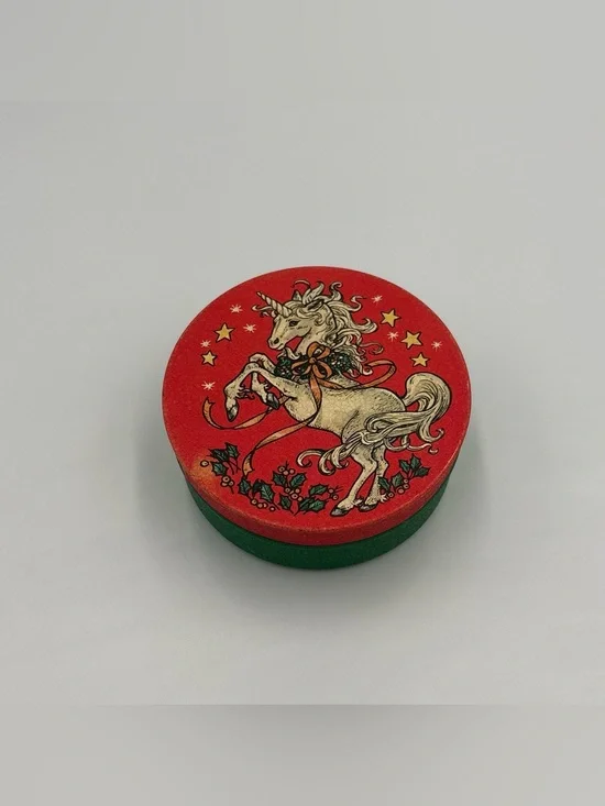 Vintage 1980’s Unicorn Christmas Tin Metal Box by Potpurri Press USA Face Powder