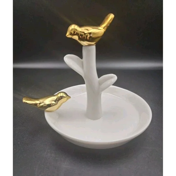Porcelain Jewelry Ring Dish White Shiny‎ Goldtone Birds Bird Dresser Bathroom