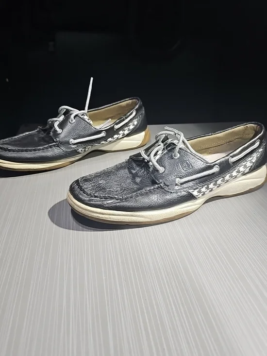 SPERRY Men's 11M Black/White/silverLeather Top Sider Boat Shoes 9773128 Fair‎