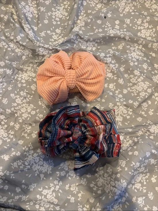 Peach Ribbed Bow Headwrap & Multicolor Striped Bow Set - Kids Accessories