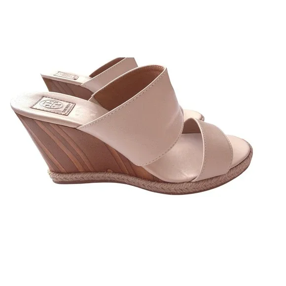 Tory Burch Dulce De Leche Beige Leather Double Strap Wood Wedge Slide Sandals 8M