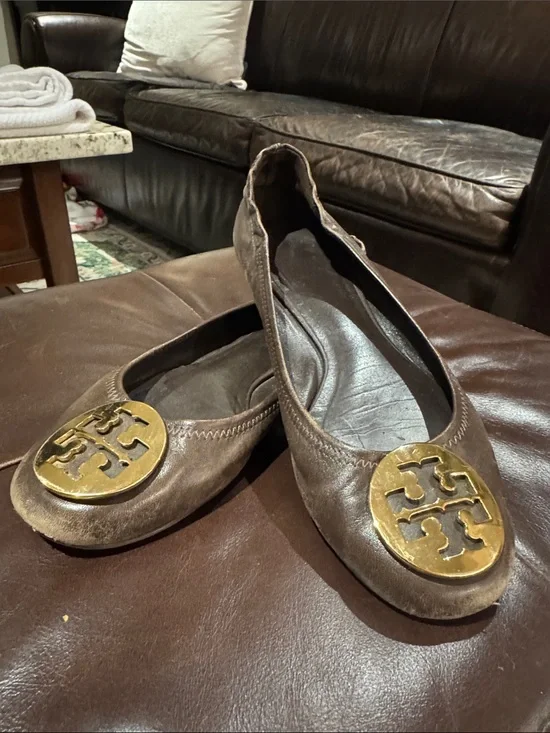 Tory Burch Brown Leather Ballet Flats with Gold Logo Medallion