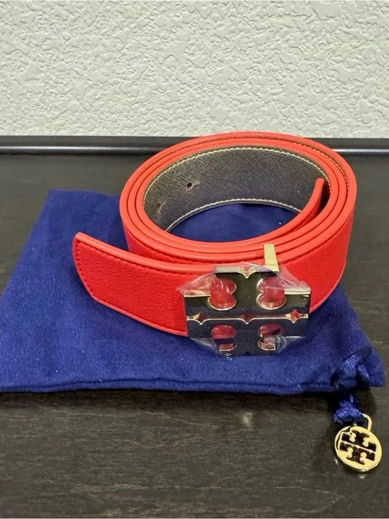 Tory Burch Coral-Red Logo Buckle Leather Belt