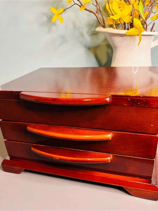 Wooden Jewelry Box with Two Drawers - Red Brown