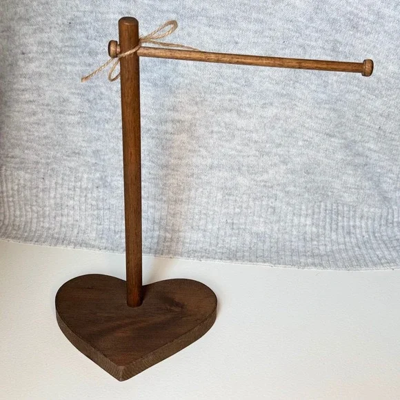 Handmade Wooden Heart Jewelry Stand T-Bar Display Rustic Farmhouse Brown