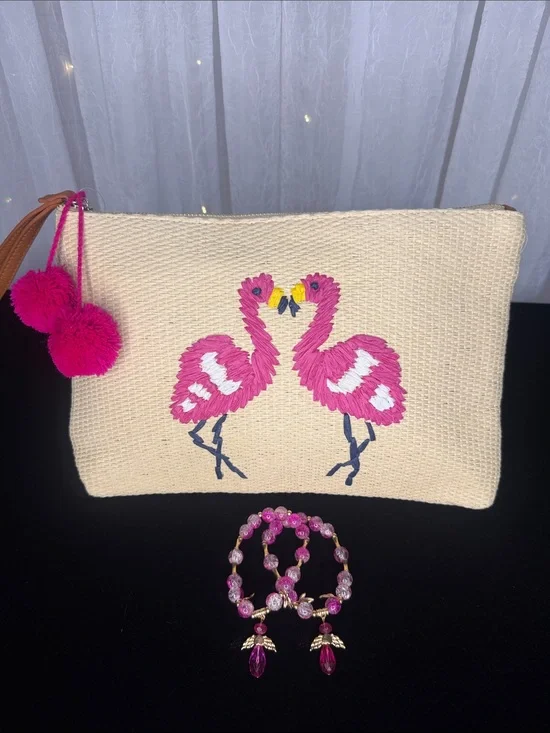 Old Navy Cream Straw Clutch with Pink Flamingo Embroidery and Pink Bracelets