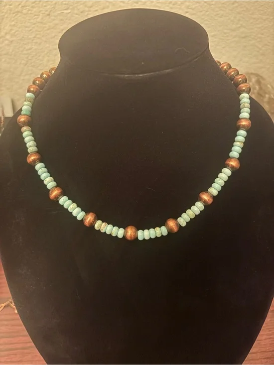 Kingman Turquoise and Navajo Pearls Copper Necklace