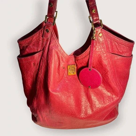 TORY BURCH Louisa Calfskin Leather Slouch Bag Pink Rose Red Merlot Large READ