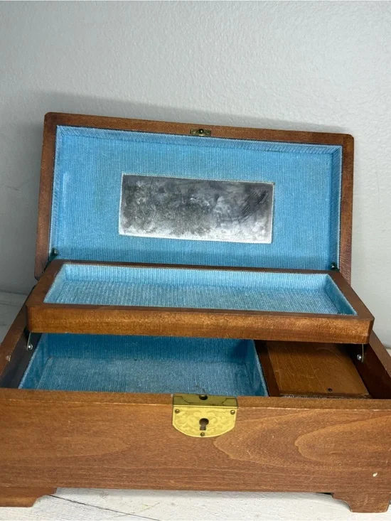 Vintage MCM Wooden Jewelry Music Box WORKS! Japan Mirror Blue Velvet Box