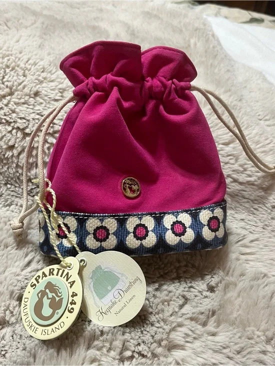 Spartina 449 Hot Pink Drawstring Pouch with Floral Trim NWT 02-04R