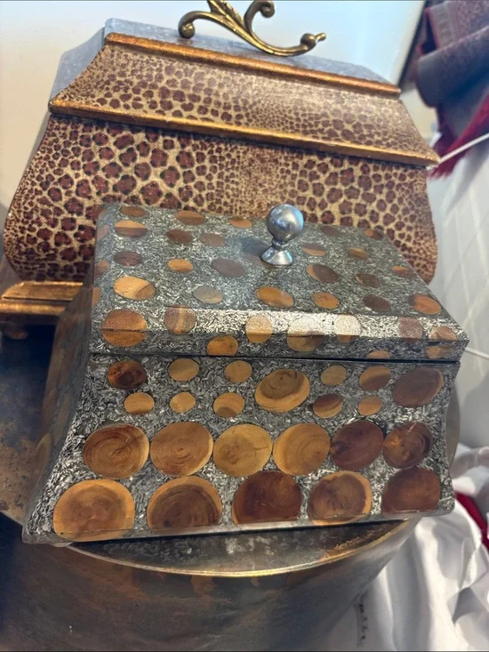 Decorative Wooden Inlay Trinket Box - Silver and Natural Wood