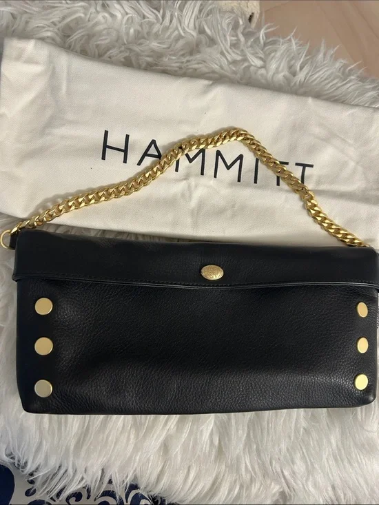 Hammitt Black Leather Foldover Clutch with Gold Chain