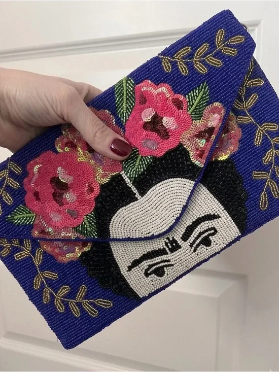 Beaded Floral Face Motif Clutch - Blue & Pink