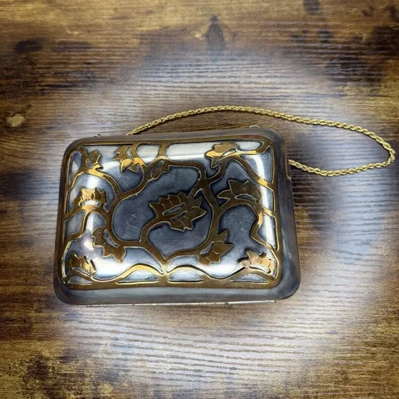 Vintage Silver Tone Floral Metal Clutch Purse Gold Chain Red Velvet Lined