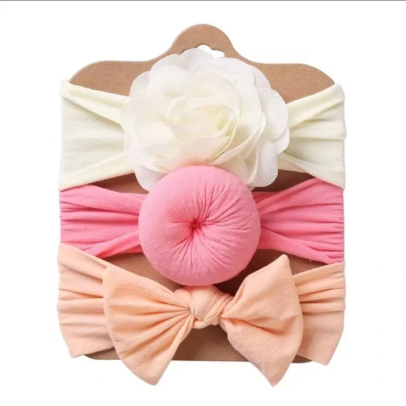 Kids Floral and Bow Headband Set - Cream, Pink, and Peach